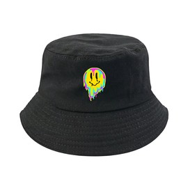 Unisex Bucket Hat Beach Sun Hat Aesthetic Fishing Hat for Men Women Teens, Reversible Double-Side-Wear, Distorted Smiley, Medium
