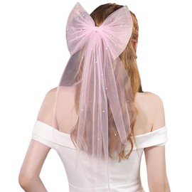 AWOCAN Bridal Hair Bow Pearl Veil Hair Hair Clip Bachelorette Party Veil Elegant Tulle Layer Hair Clip for Women (pink)