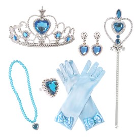 AWAVM Six Piece Princess Costume Accessory Animated Character Set Crown Earrings Wand Ring Necklace Gloves (Blue)