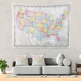 Batmerry Map Atlas USA Vintage Tapestry,Color Block Historic Map of The United States Wall Hanging Decoration Polyester Fiber White Ruffled Around for Dorm Room Bedroom Living Room, 51.2x59.1 inches