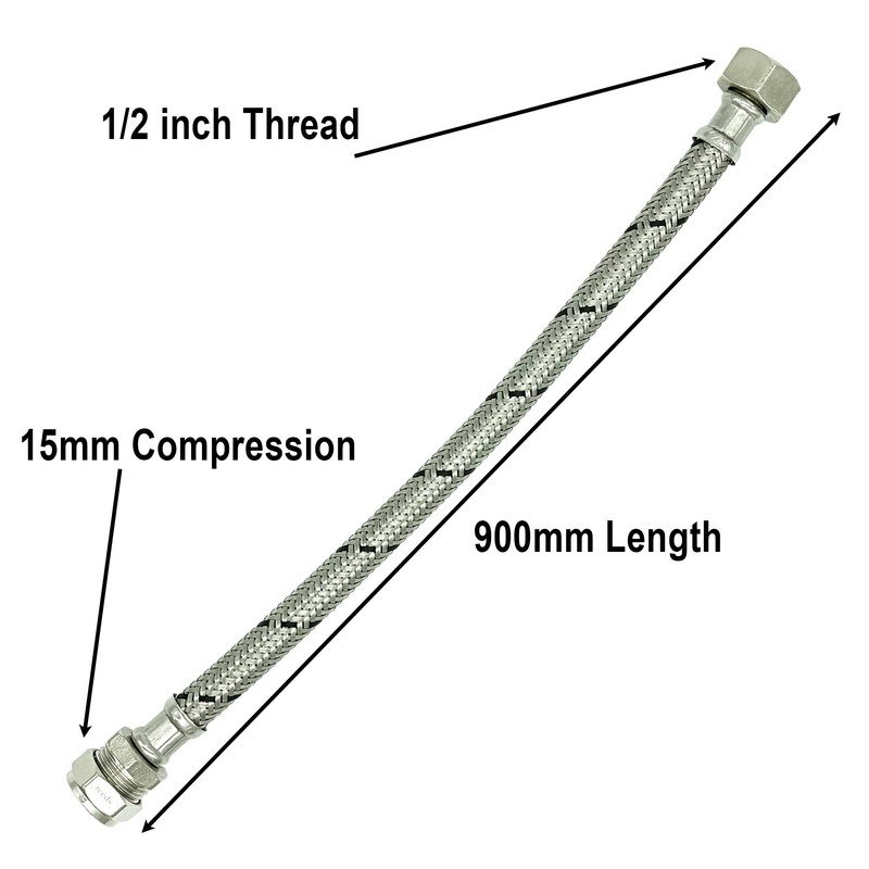 2X Reeds 15mm x 1/2inch Flexi 900mm Flexible Braided Tap