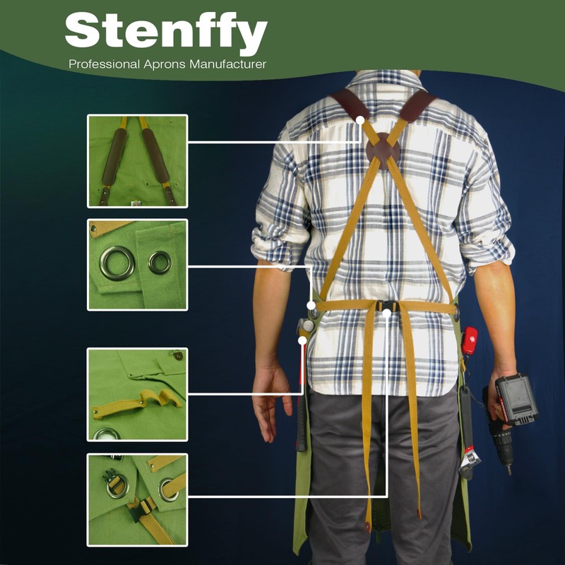 Stenffy Woodworking Apron, Tool Apron, Canvas, Multiple Pockets, Adjustable Zipper,