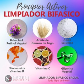 Nezeni Biphasic Makeup Remover 200ml Niacinamide Ac. Salicyllium, Bakuchiol, Vit C, 9 Active Ingredients, Vegan, for Normal, Combination and Oily Skin, Preservative