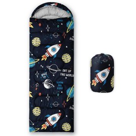 Datura home Kids Sleeping Bag for Boys,Outer Space Rocket Print-Lightweight Warm Outdoor Indoor-Waterproof Cold Weather Resistant Sleeping Bag for Camping Hiking(Outerspace 32"*90")