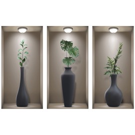 TOARTI Pack of 3 3D Wall Stickers Vase, Wall Sticker Living Room Vases, Green Plants Wall Stickers, Vinyl Removable Black Bottle and Green Leaf Wall Pictures for Bedroom, Office, Kitchen, Wall