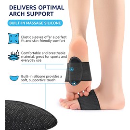 HiRui 2-Pack Arch Support Cushions with Silicone Pad for Plantar Fasciitis Relief - Non-Slip Elastic Foot Arch Brace for Flat & Fallen Arches, High Arch, Foot Care - Fits All Shoes (Black, Small)