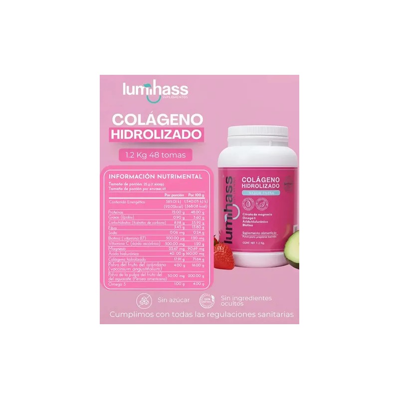 Colágeno Hidrolizado Lumihass Sabor Fresa Porciones Adicionado Omega Extracto Aguacate