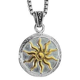 bahamut Greek Mens Jewelry Sun Pendant Necklace for Men Women, Stainless Steel Vintage Protective Amulets Gifts (Silver&Gold Sun)