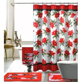 BH Home & Linen Season's Greetings 18 Piece Shower curtain Set (Poinsettia Flower)