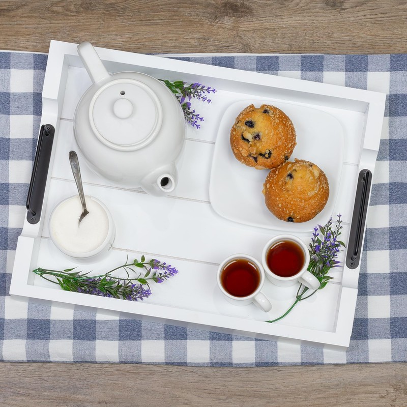 AuldHome Design Rustic Wood Serving Tray (White); Wooden Farmhouse Shiplap