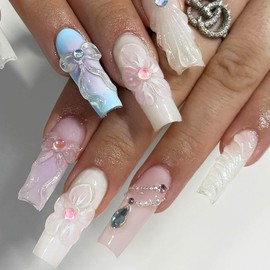 QQPPOLIU Square Long Press on Nails,Fake Nails with Handmade 3D Flower Designs,Full Cover Nails for Women/Birthday/Bride/Holiday/Christmas/Valentine'S Day/Women/Young(Pattern 114)