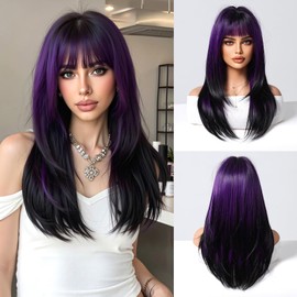 Esmee Long Straight Purple Wigs for Women with Fringe Natural Synthetic Hair Ombre Wig for Daily & Party Use