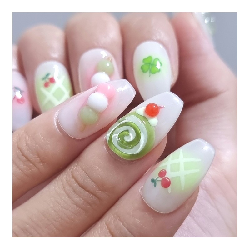 Green tea-eaten turtle handmade nail tip - Petit round /