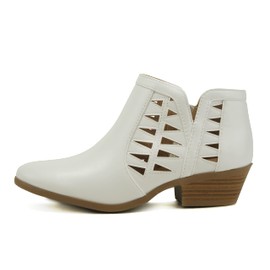 Soda CHANCE Womens Perforated Cut Out Stacked Block Heel Ankle Booties (9, Off White PU, numeric_9)