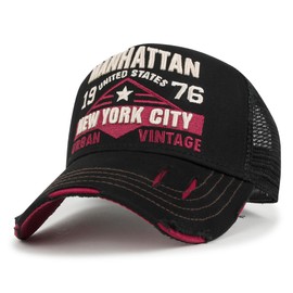 ililily Premium Manhattan Wide Embroidery Trucker Hat Vintage Baseball Cap, Black - Manhattan