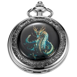 Tiong Retro Dragon Patch Pattern Design Mechanical Pocket Watch, Roman Numerals Mechanical Pocket Watches for Men with Chain Gift