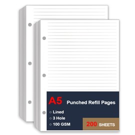 (2 Pack) A5 Lined Paper Refill, 3 Hole Refill Paper, A5 Filler Paper, 200 Sheets/400 Pages Loose Leaf Paper for Filofax Planner Refills, Organizer, Binders, 100gsm Paper, 5.8 x 8.2 Inch