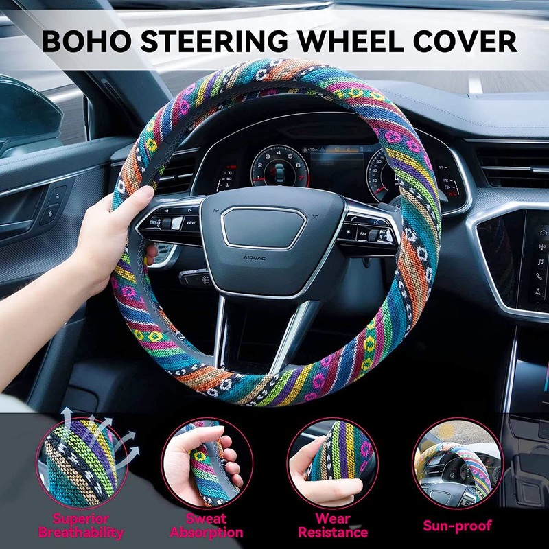 Boho Steering Wheel Cover Elastic Microfiber for Women, Universal Fit