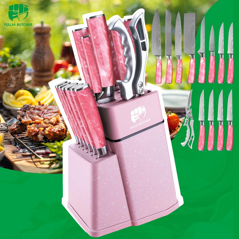 FULLHI 14pcs Block Knife Set, Chef's Knife Steak Knives Set