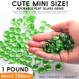 1 LB Green Glass Marbles, Mini Flat Glass Beads~150 PCS for Vase Fillers, Floral Bottom Mancala Gems Pebbles Fish Tank Rocks for Table Aquarium,Home Decor Art Craft Supplies(0.5"~0.7")