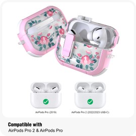 WENEW Case for AirPods Pro & Pro 2 Case Cover Secure Lock Automatic Snap Switch Clip Cleaner Kit Lanyard Women Stylish Flower Full Body Hard Shell Front LED Visible (Pink Flower, AirPods Pro & Pro 2)