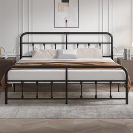 VECELO King Size Victorian Style Metal Bed Frame with Headboard Classic Metal Platform Bed Frame Mattress Foundation with Victorian Style Footboard/Under Bed Storage/No Box Spring Black