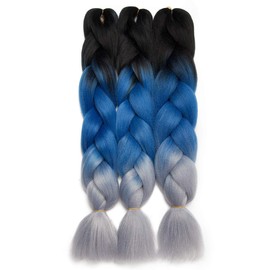 S-noilite Ombre Braiding Hair Pre Stretched Braiding Hair Extention Jumbo Crochet Braids 24 Inch Long Colorful Braids Box Braids Crochet Hair for Afro African Women Kids Synthetic Hair 3 bundles Black/Blue/Silver Grey