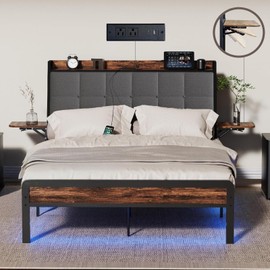 Redlife Queen Size Bed Frame with Headboard, Metal Platform Bed Frame with Lights & Charging Station, Under Beds Storage Space, No Box Spring Needed, Easy Assembly