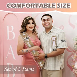 Neutral Burlap Mom to Be Sash Dad to Be Pin Baby Shower Decorations, Rustic Boho Gold Flower Crown Headband Mommy to Be Sash for Gender Reveals Party Decorations for Pregnant Keepsake Gifts