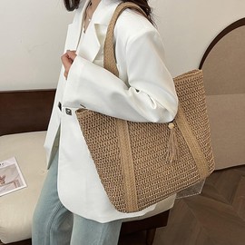 Huwzder Large Straw Woven Bag for women, Straw Beach Tote Bag with Tassels, Boho Summer Shoulder Handbags for Vacation (Brown)