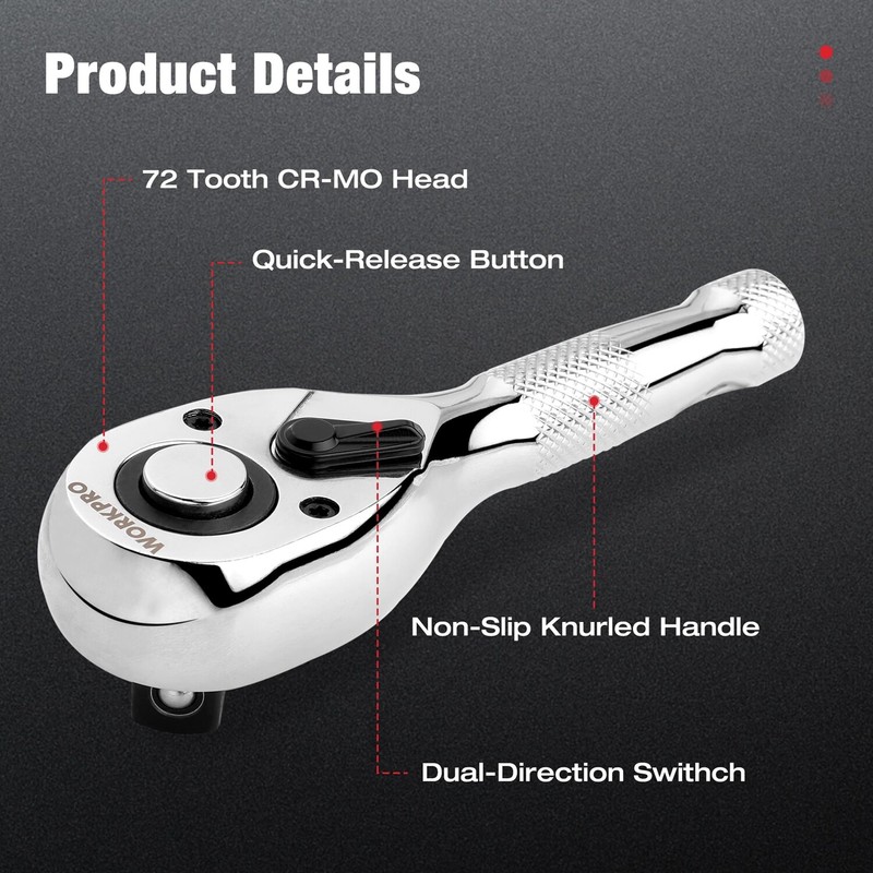 WORKPRO 3PC Stubby Ratchet Set 1/4" 3/8" 1/2" Drive Ratchet