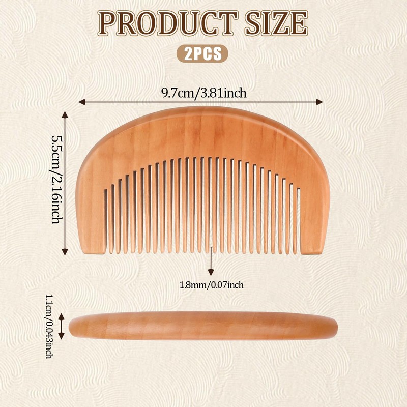 Natural Peach Wood Comb, 2 Pack Mini Wooden Comb Anti-Static