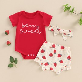 Newborn Baby Girl Summer Shorts Set Little Cutie/Berry Sweet Short Sleeve Romper Orange/Strawberry Shorts Outfit (Red, 12-18 Months)