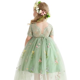 DeeFant Flower Girl Lace Back V-Neck Dress Full-Length Floral Embroidered Toddler Tutu Tulle Dresses for Girls