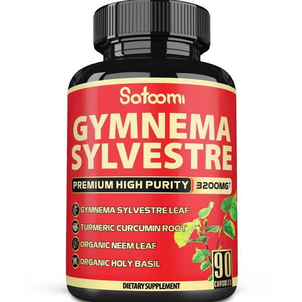 Pure Organic Gymnema Sylvestre Capsules Extract 𝟑𝟐𝟎𝟎𝐦𝐠 - 4 Herbs - Gurmar Capsule with Neem Leaf, Holy Basil and Turmeric Curcumin Root - 1 Pack 90 Vegan Capsules for 3 Months