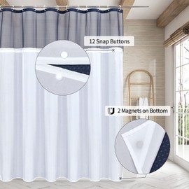 MitoVilla Waffle Shower Curtain Set with Snap-in Liner, Modern Navy Blue Waffle Weave Fabric Shower Curtain for Luxury Neutral Hotel & Spa Bathroom Decor, 72 x 72