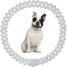 Silver Dog Necklace for Small Dogs,Bling Dog Chain Collars Diamond Cuban Link Dog Collar Rhinestone Cat Chain Sparkly Glitter Girls Female Kitten Puppy Necklace for Small Medium Large Pet,10 Inch