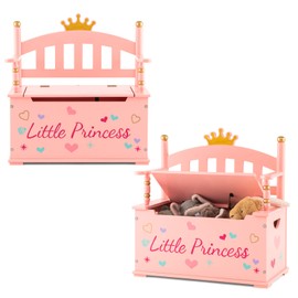 Costzon Wooden Toy Box, 2 in 1 Toy Chest Storage Bench Seat with Safety Hinged Lid, Kids Toy Storage Organizer for Playroom Bedroom, Children's Furniture, Gift for Toddler Girls Age 3+, Pink