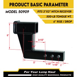 MaxxHaul 50909 Trailer Hitch Riser for 2 inch Receiver with 6 inch Rise & Drop with Solid Shaft, with 2 Pack Hitch Pins