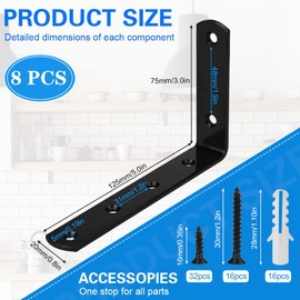 CYNNXIA 8 PCS Shelf Brackets Heavy Duty Floating Shelf Brackets 90 Degree Angle Corner Bracket Black L Bracket Wall Mounted Shelving Supporter with 48 Pcs Screws and 16 Pcs Anchors (75x125mm)