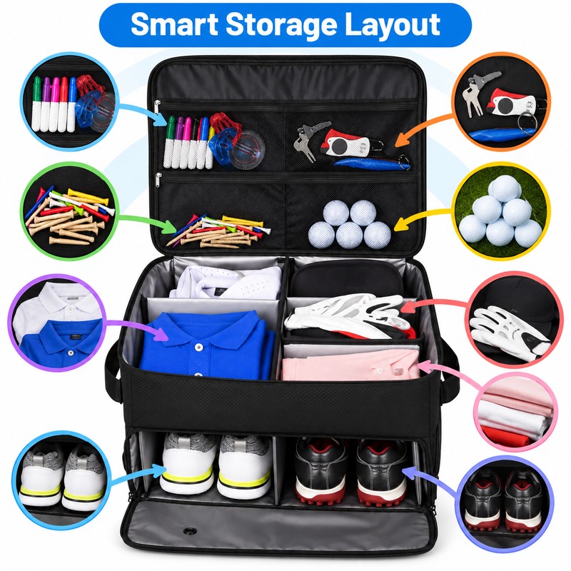 Golf Trunk Organizer With Shoe Storage, Multi-Compartment Car Storage Box