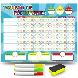 Kids Reward Board - 3 Felt Tip Pens + Brush - Magnetic Board for Motivation for Good Behaviour with Stains in French - Boys and Girls