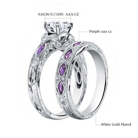 lvrong Couple Rings His Her Wedding Ring Sets Matching Rings White Gold Plated Purple CZ Ring Titanium Men Ring