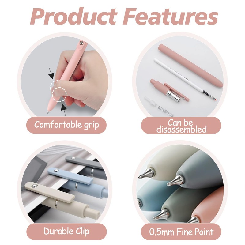 RHZXD Pack of 5 Aesthetic Ballpoint Pens, 0.5 mm Retractable