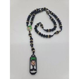 Rosario Jesus Malverde cristal Negro e imagen en tableta de madera hecho a mano