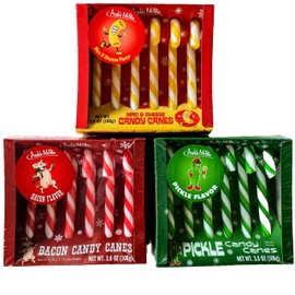 Archie McPhee Dill Pickle, Mac and Cheese, and Bacon Christmas Candy Canes - Stocking Stuffers - Funny Novelty Weird Candy - Prank, Gag, Joke, White Elephant Gift - 18 ct. - 6 of Each Flavor