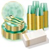 Pryntono 175PCS Green Plastic Plates with Gold Trim, Disposable Party