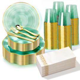Pryntono 175PCS Green Plastic Plates with Gold Trim, Disposable Party Dinnerware Set for 25 Guests, Include 25 Dinner & Salad Plates, Napkins, Forks, Spoons, Knives, Cups, Perfect for Party