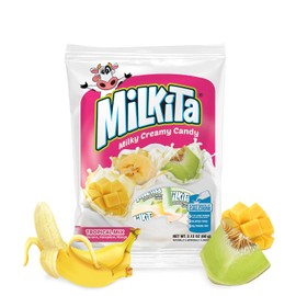 Milkita Creamy Shake Candy Bag, Gluten Free Chewy Candies with Calcium & Real Milk, Zero Trans Fat, Low-Sugar, Tropical Flavors (Banana, Honeydew, Mango), 30 Pcs