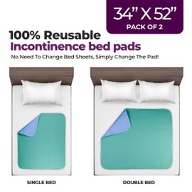 Epicessentials Make Your Home Epic Epicessentials Incontinence Bed Pads Washable Waterproof - 34" x 52" Reusable Underpads Chucks Holds Up to 6 Cups - 500 GSM Heavy Absorbency Pee Pads for Adults, Dogs and Kids - Pack of 2 - Green/Blue